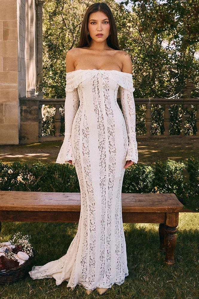 Glorol - Lace Off-Shoulder Strapless Backless Long Sleeve Maxi Dress