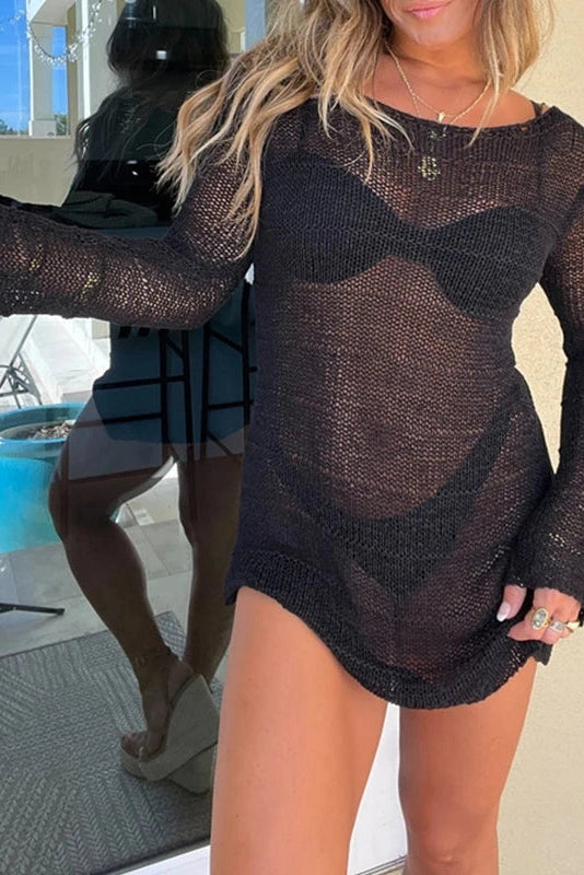Glorol - Hollow Out Long Sleeve Loose Mini Dress