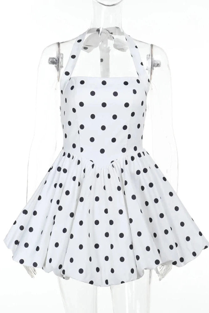Glorol - Polka Dot High Waist A-Line Sleeveless Mini Dress