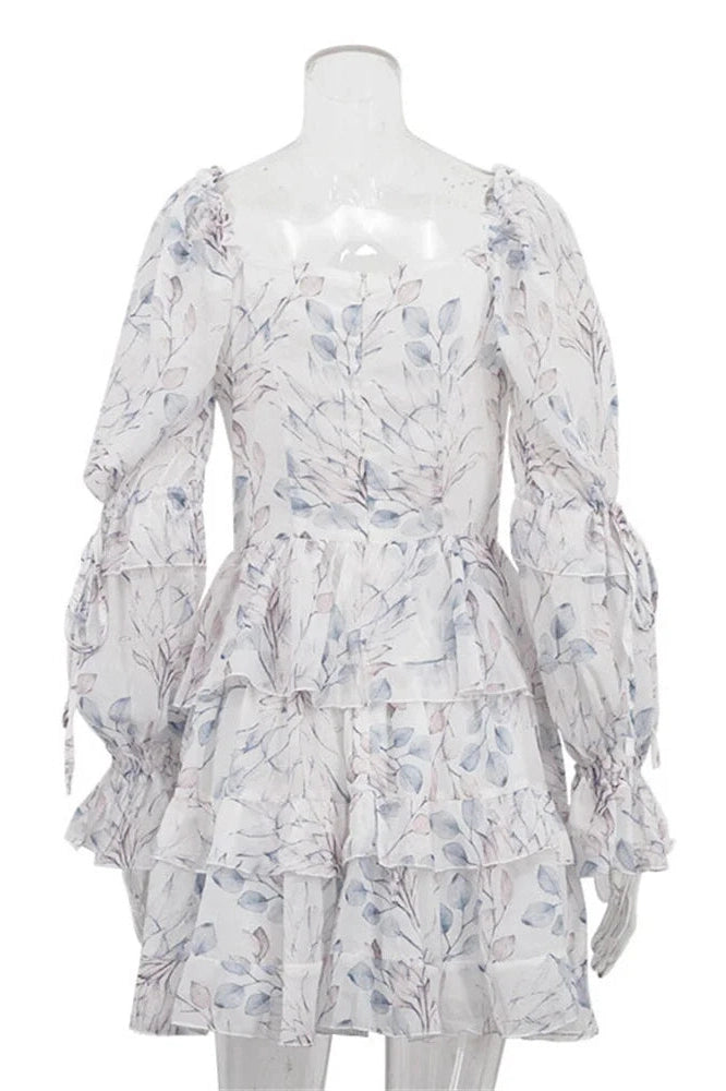 Glorol - Printed Lace-Up Square Collar Patchwork Mini Dress