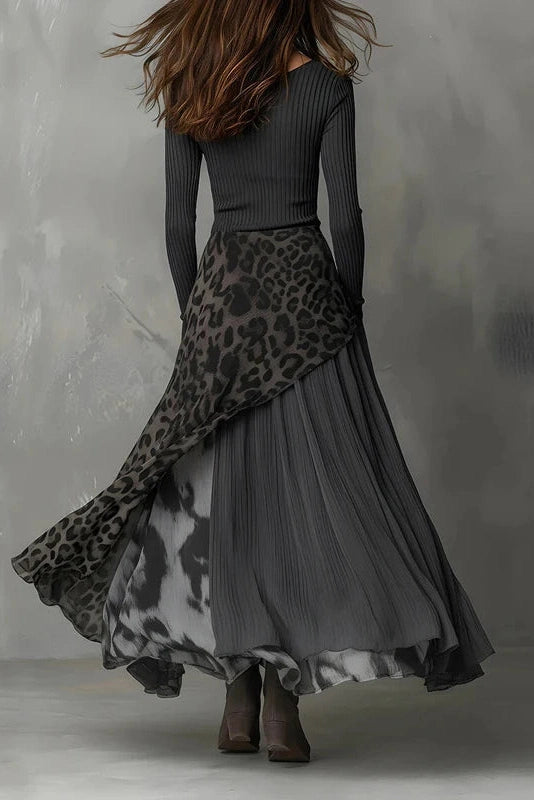 Glorol - Pleated Knitted O-Neck Printed Long Sleeve High Waist Maxi Dress