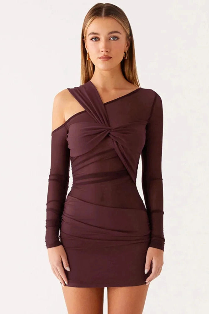 Glorol - Inclined Shoulder Long Sleeve See Through Backless Mini Dress