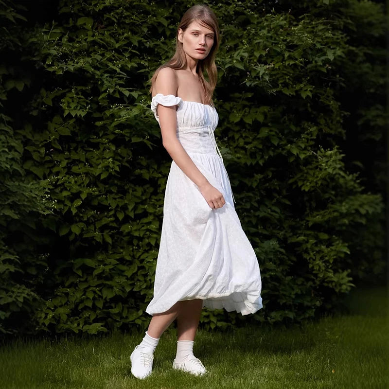 Glorol - Off Shoulder Slim A-line Midi Dress