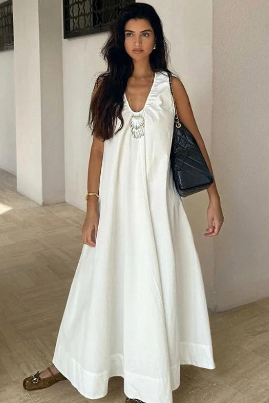 Glorol - Sleeveless Cotton U-Neck Loose Maxi Dress