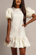 Glorol - Pleated Loose O-Neck Short Sleeve High Waist Mini Dress