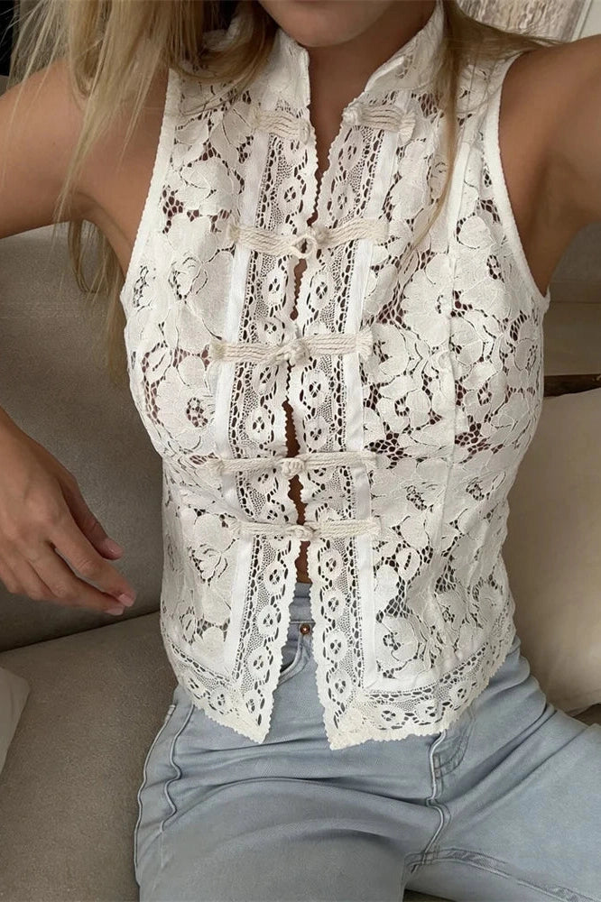 Glorol - Hollow Out Lace Sleeveless Printed Patchwork Top