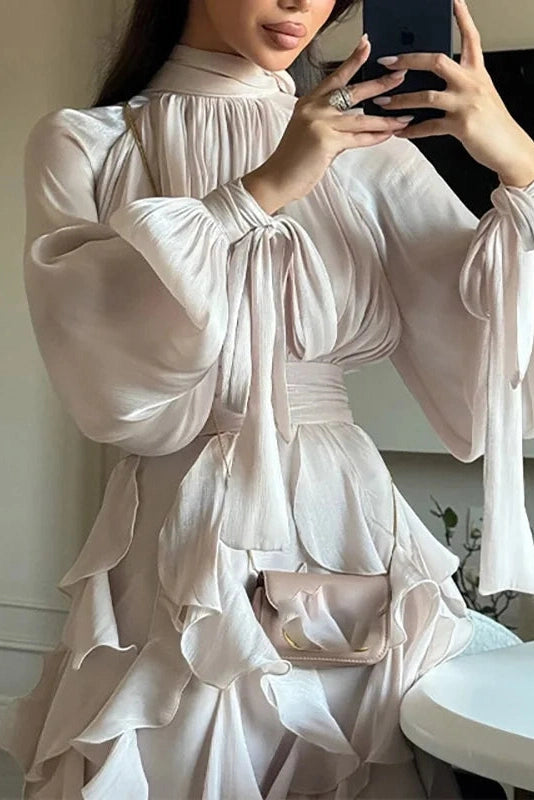 Glorol - Elegant Pleated High Collar Long Sleeve High Waist Maxi Dress