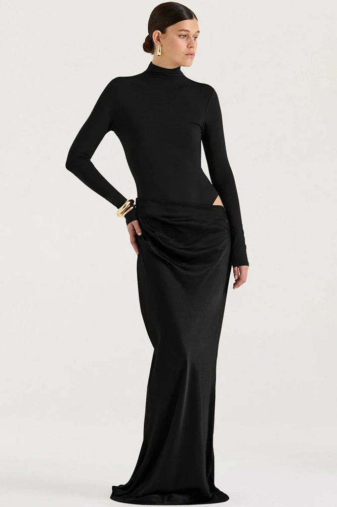 Glorol - Hollow Out Long Sleeve Turtleneck Bodycon Maxi Dress