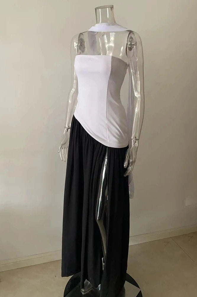 Glorol - Elegant Slim Lace Up Strapless Irregular Maxi Dress