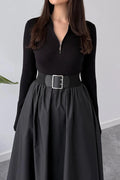 Glorol - Elegant Zipper Pleated Knitted High Waist Maxi Dress