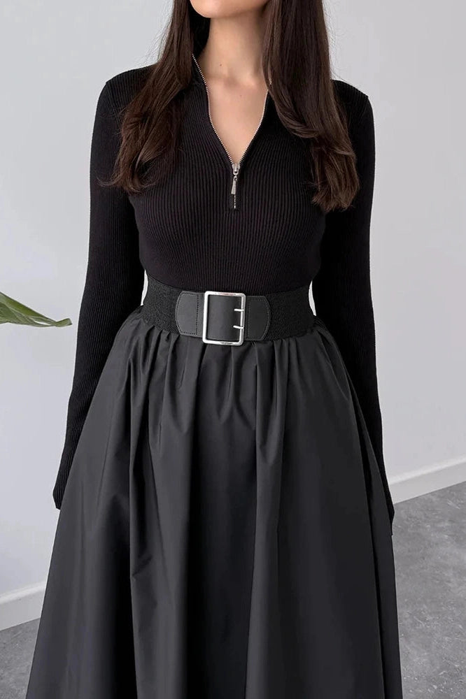 Glorol - Elegant Zipper Pleated Knitted High Waist Maxi Dress