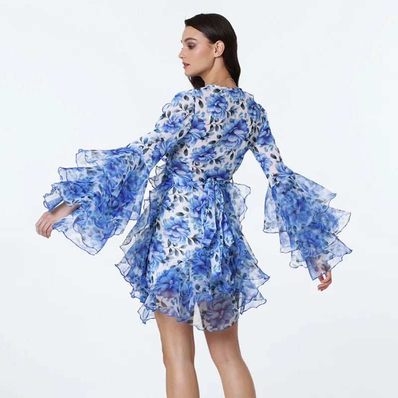 Glorol - Printed V Neck Slim High Waist Mini Dress