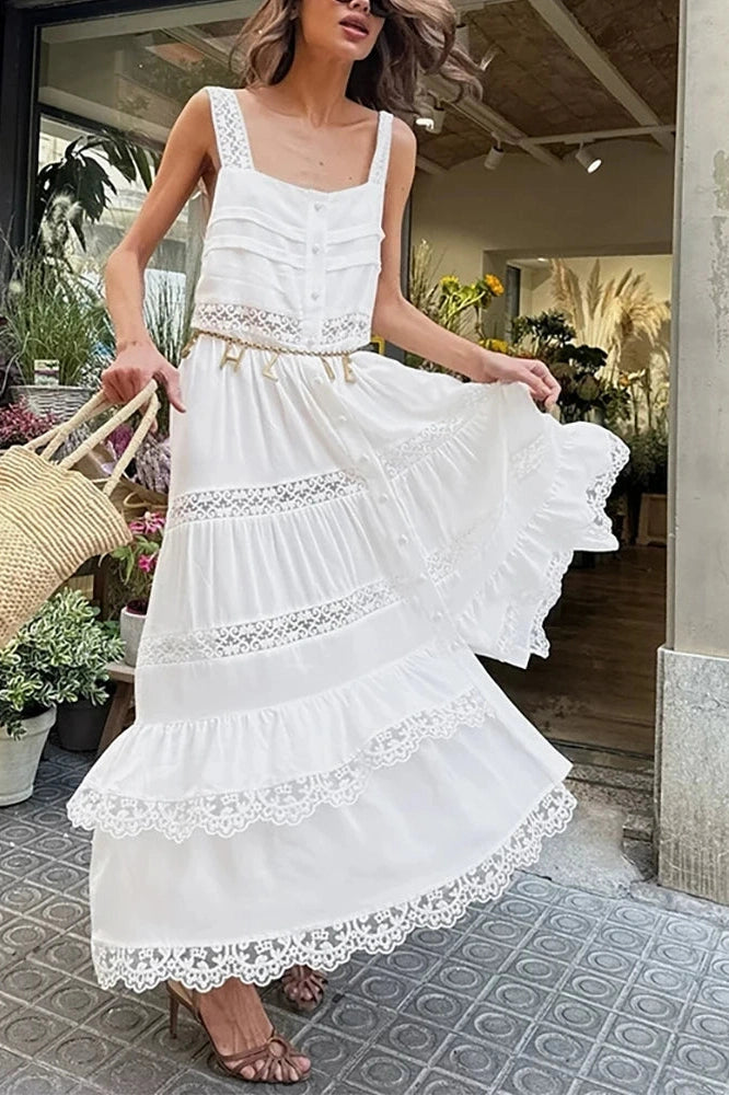 Glorol - Hollow Out High Waist Lace Sleeveless Pleated Maxi Dress