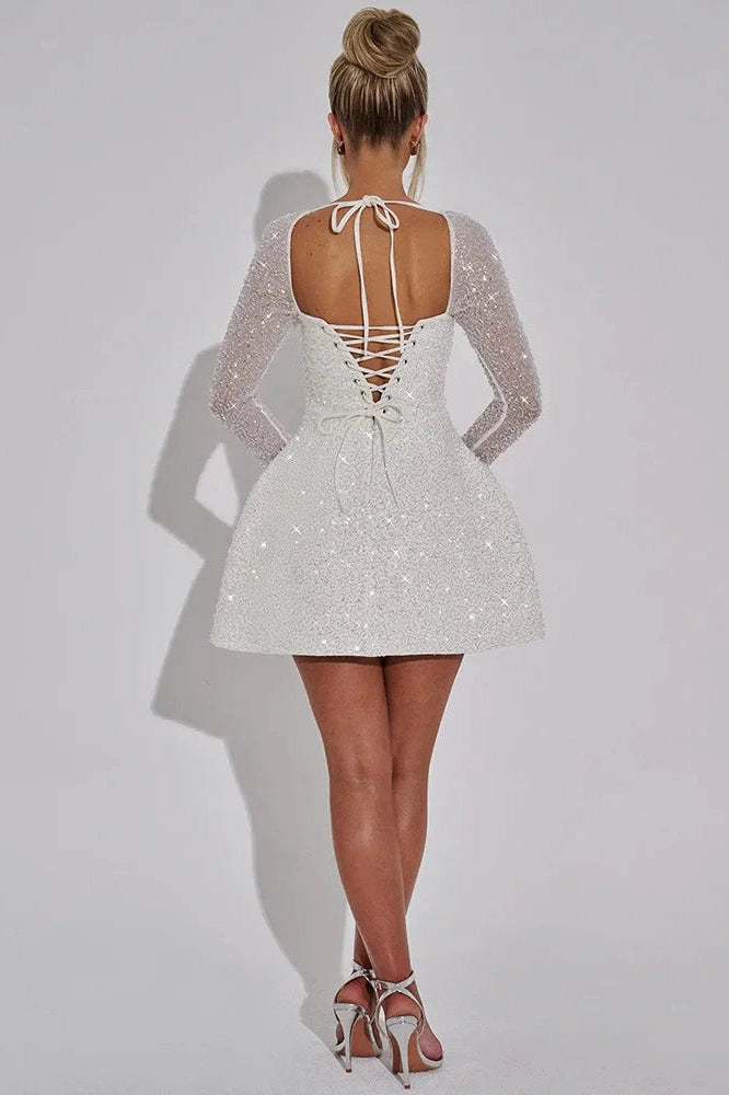 Glorol - Long Sleeve Backless Lace-up High Waist A-line Mini Dress