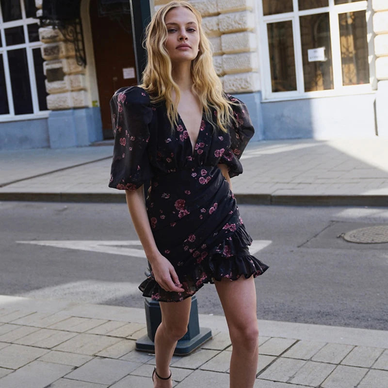Glorol - Printed Pleated Short Sleeve Slim Mini Dress