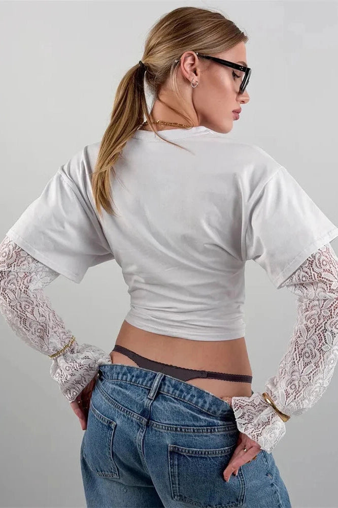 Glorol - Lace Long Sleeve Printed High Waist Top