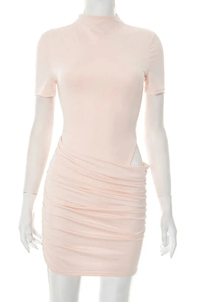 Glorol - Hollow Out Short Sleeve High Collar Mini Dress