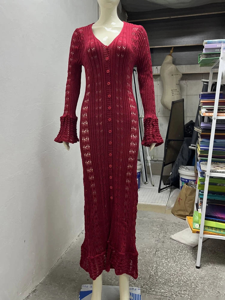 Glorol - Hollow Knitted Long Sleeve Maxi Dress