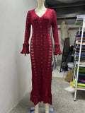 Glorol - Hollow Knitted Long Sleeve Maxi Dress