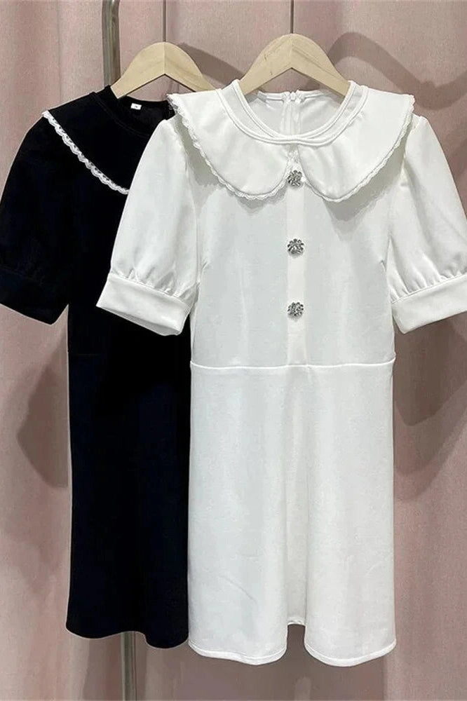 Glorol - Elegant Patchwork Short Sleeve Lace-Up Mini Dress