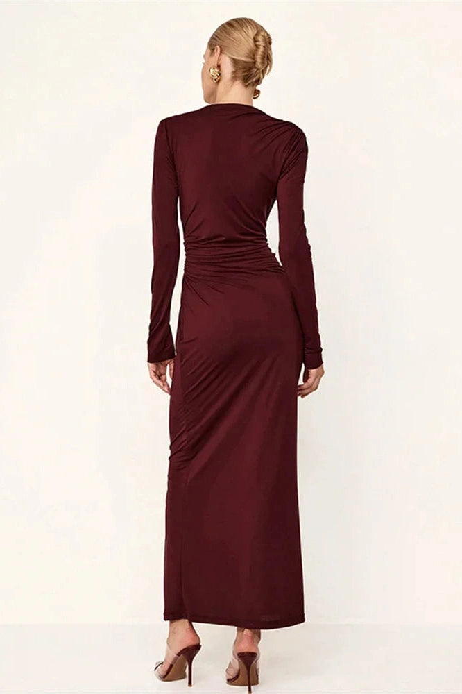 Glorol - Pleated Slim High Waist Long Sleeve Patchwork Maxi Dress