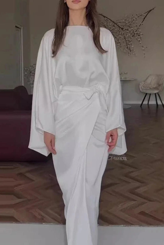 Glorol - Elegant Tie-up Waisted O Neck Sleeves Maxi Dress