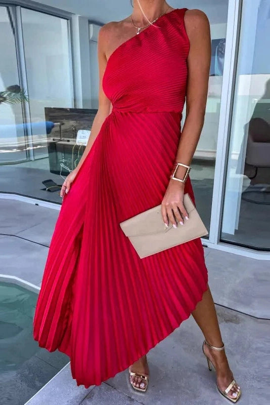 Glorol - Hollow Out One Shoulder Slim Fit Pleated Maxi Dress