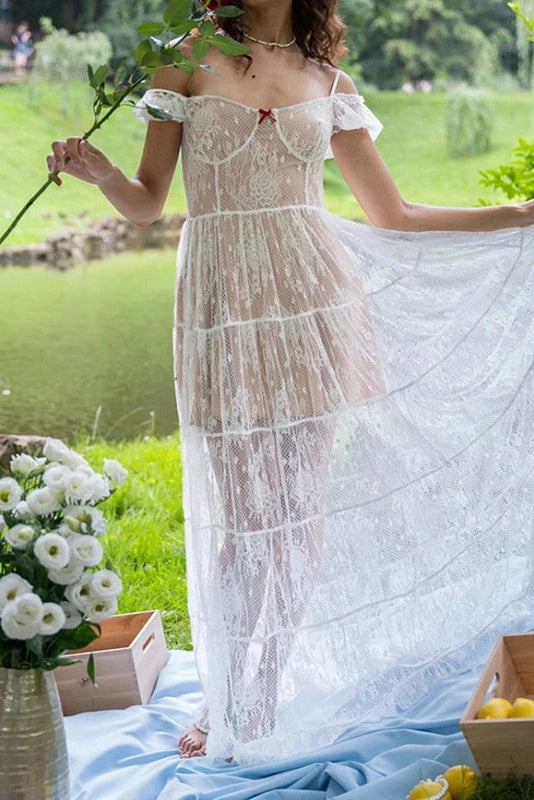 Glorol - Slash Collar High Waist Pleated Lace Maxi Dress