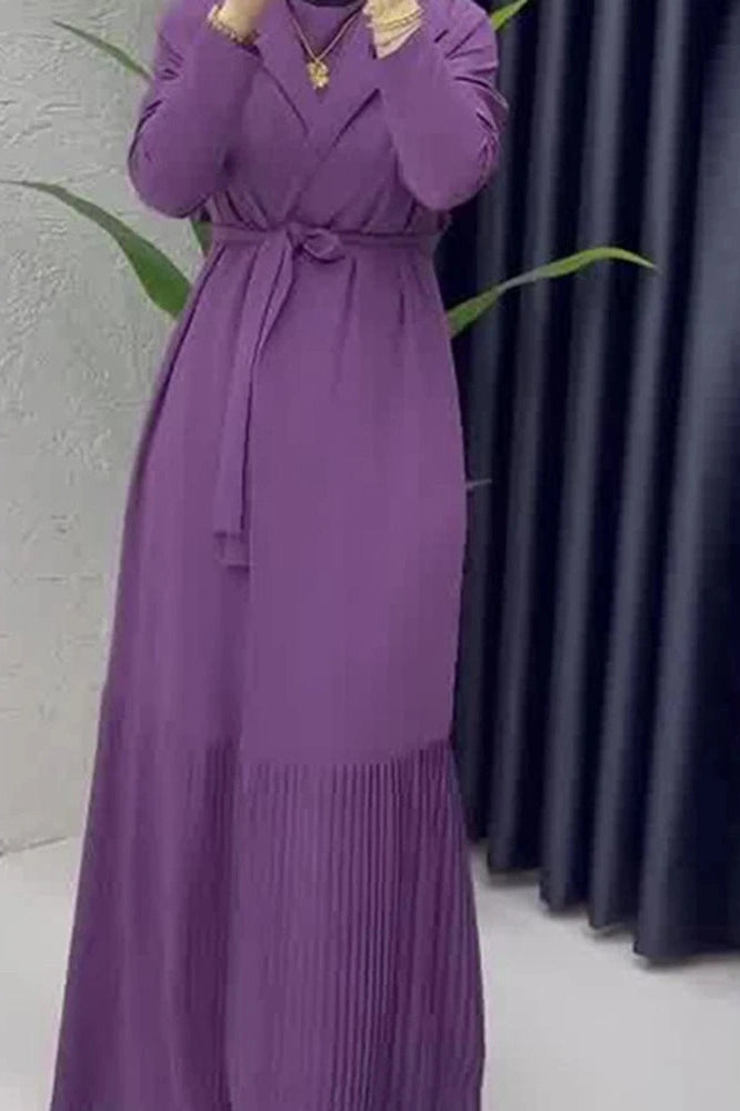 Glorol - Elegant O-Neck Long Sleeve High Waist Pleated Maxi Dress