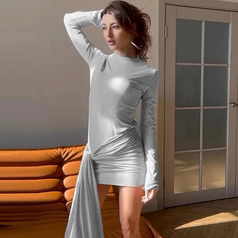 Glorol - High Neck Lace Up Long Sleeve Mini Dress