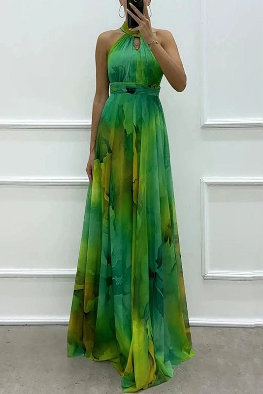 Glorol - Hollow Out Printed Sleeveless High Waist Maxi Dress