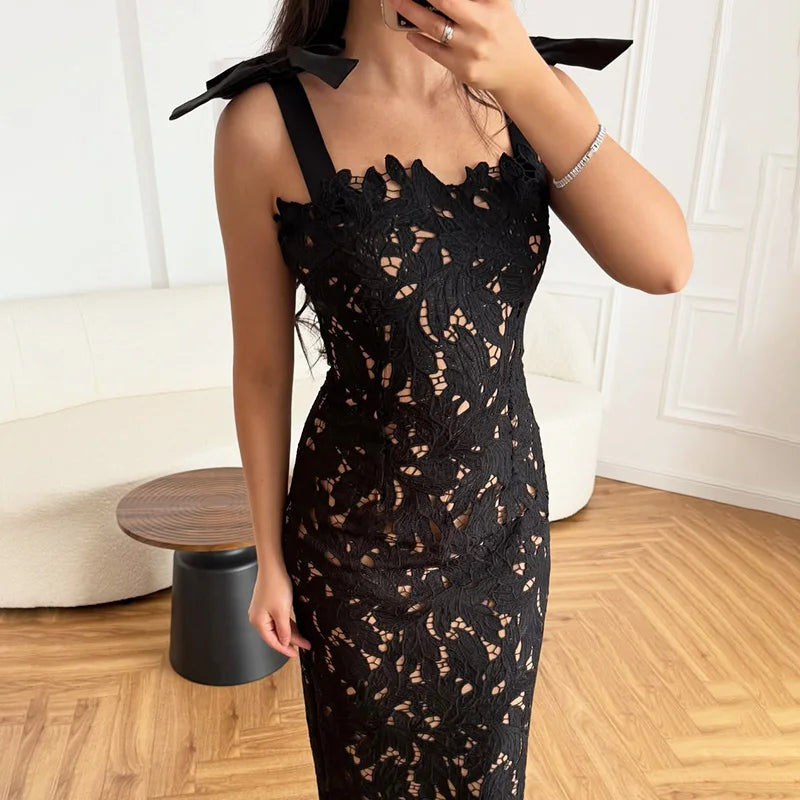 Glorol - Patchwork Lace-Up Backless Maxi Dress