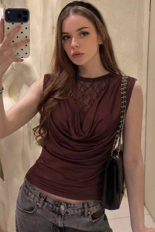 Glorol - Lace Round-Neck Sleeveless Slim Top