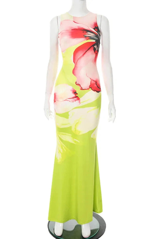 Glorol - Printed Sleeveless O Neck Bodycon Maxi Dress