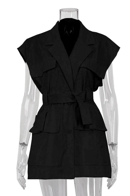 Glorol - Sleeveless Belted Loose Button Top