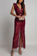 Glorol - Deep V-Neck High Waist Split Fit Sleeveless Maxi Dress