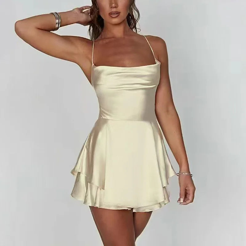 Glorol - Backless V-Neck Lace-Up Mini Dress