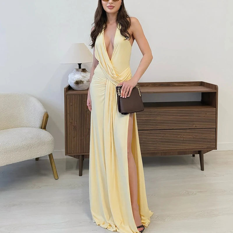 Glorol - High Street Halter Bandage Ribbons Backless Maxi Dress