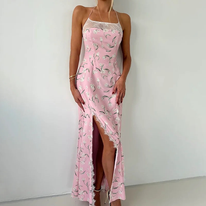 Glorol - Sleeveless Printed Lace Slit Maxi Dress