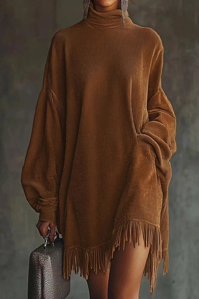 Glorol - Elegant High Waist Long Sleeve High Collar Loose Mini Dress