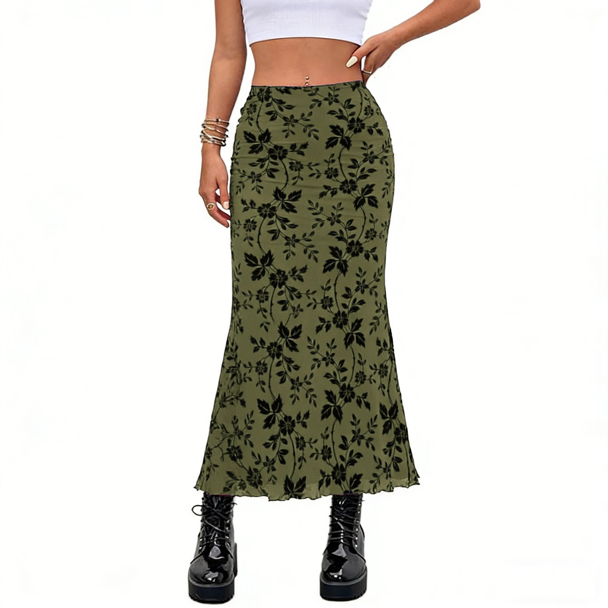 Glorol - Floral Print Flocked Mesh High Waist Skirt