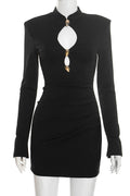 Glorol - Hollow Out Long-Sleeved High-Waisted Patchwork Mini Dress