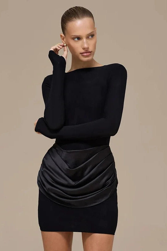 Glorol - Elegant Pleated Slim Round Neck Long Sleeve Mini Dress