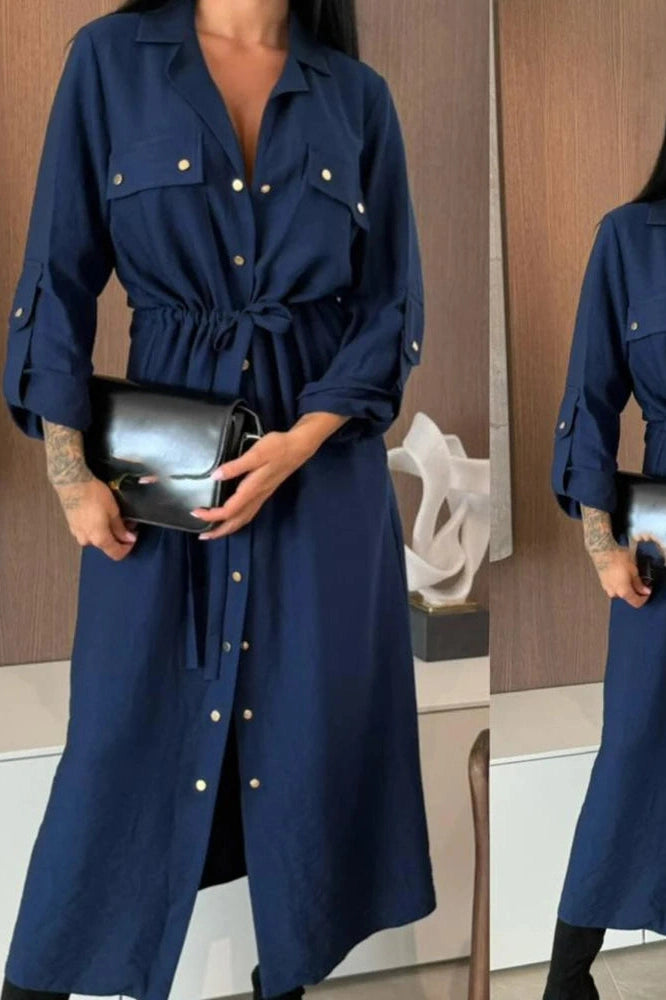 Glorol - Elegant Single Breasted Lace Up High Waist Midi Dress