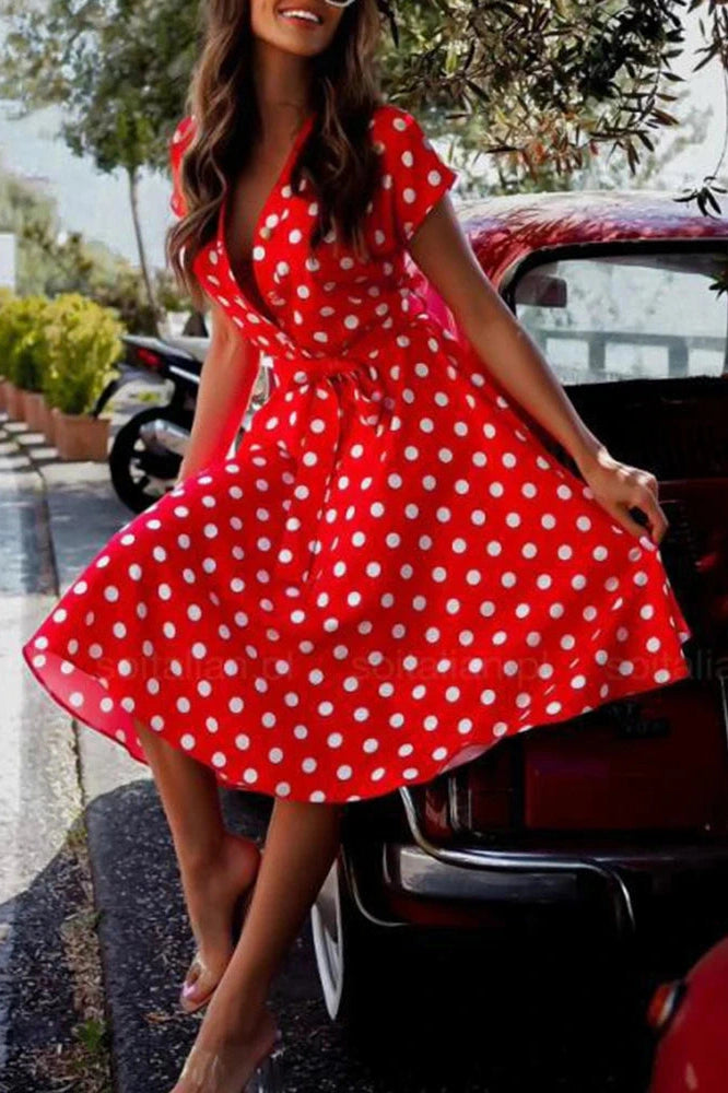 Glorol - Polka Dot Print V-Neck Button Lace-up Slim A-Line Midi Dress