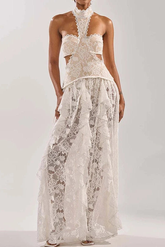 Glorol - Lace Hollow Out Sleeveless High Waist Pleated Maxi Dress