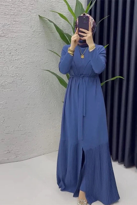 Glorol - Elegant O-Neck Long Sleeve High Waist Pleated Maxi Dress