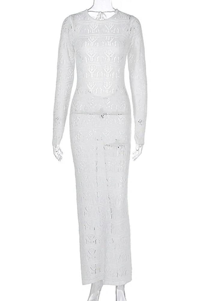 Glorol - Hollow Out Lace Up Backless Knitted Slim Long Sleeve Maxi Dress