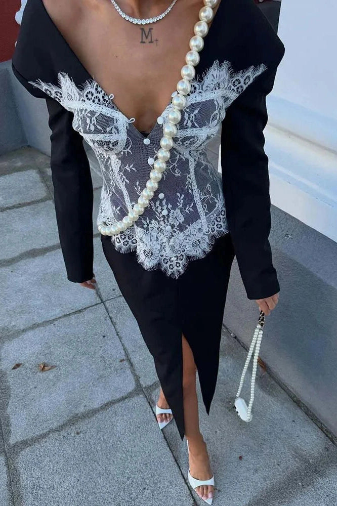 Glorol - Deep V Neck Long Sleeve Lace Patchwork Split Bodycon Maxi Dress