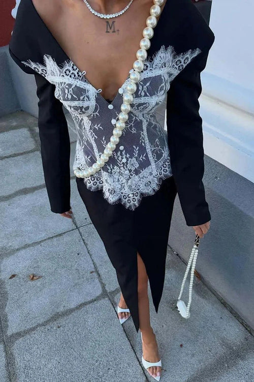 Glorol - Deep V Neck Long Sleeve Lace Patchwork Split Bodycon Maxi Dress